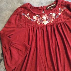 Almost Famous burgundy red embroidered bell sleeve Fall Bohemian Boho girl’s top